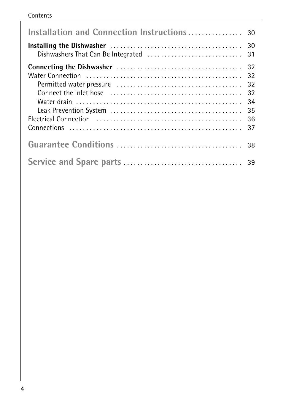 Installation and connection instructions, Guarantee conditions, Service and spare parts | AEG FAVORIT 40660 I User Manual | Page 4 / 40