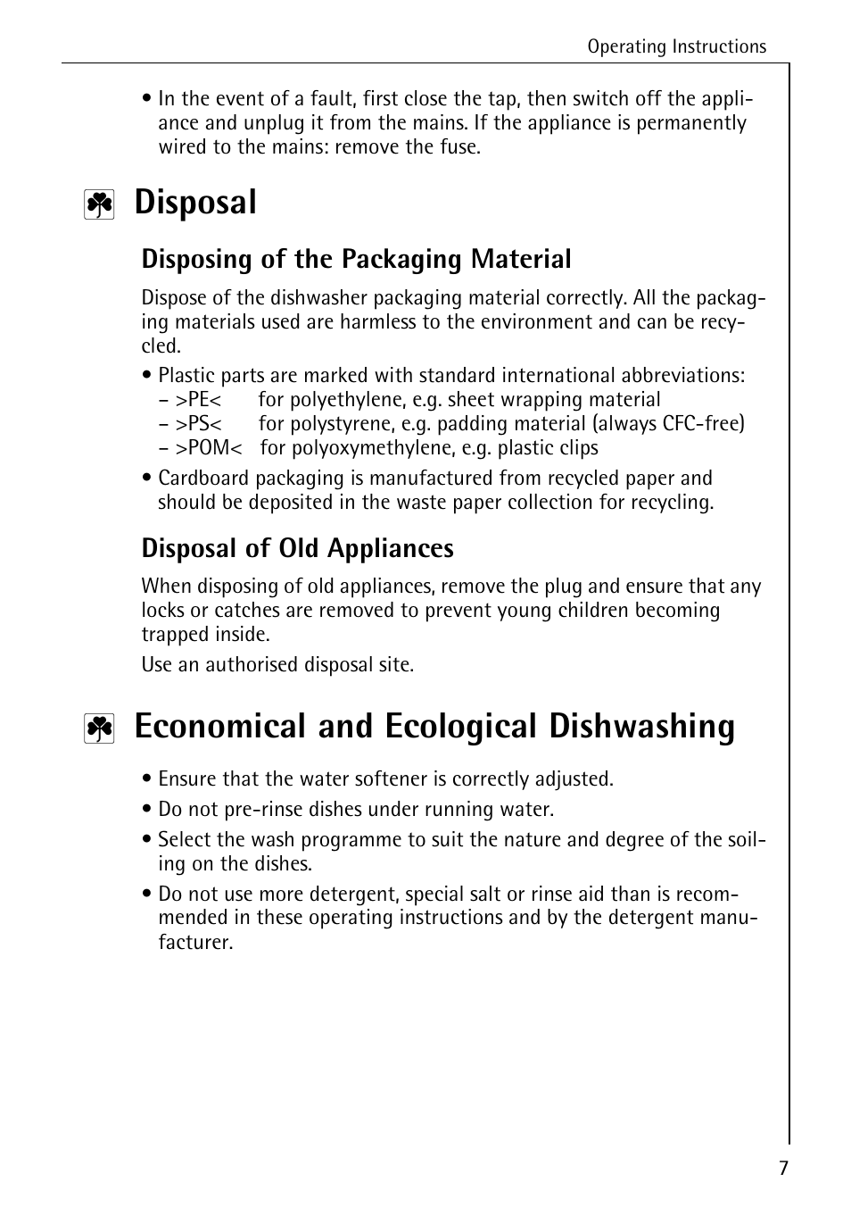 Disposal, Economical and ecological dishwashing, Disposing of the packaging material | Disposal of old appliances | AEG FAVORIT 40660 I User Manual | Page 7 / 40