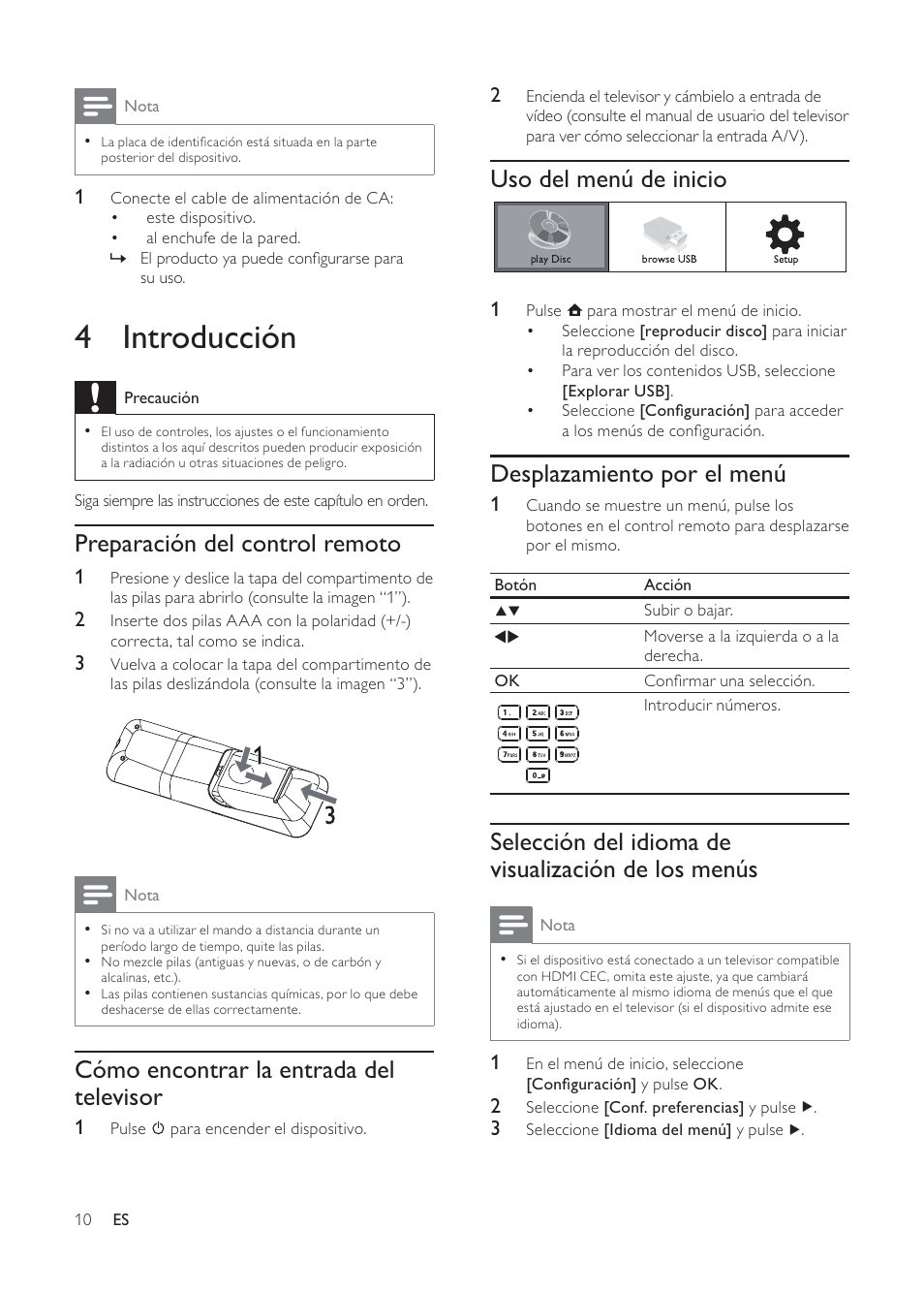 4 introducción, Uso del menú de inicio, Desplazamiento por el menú | Selección del idioma de visualización de los menús, Preparación del control remoto, Cómo encontrar la entrada del televisor | Philips 3000 series Reproductor de Blu-ray Disc User Manual | Page 10 / 48