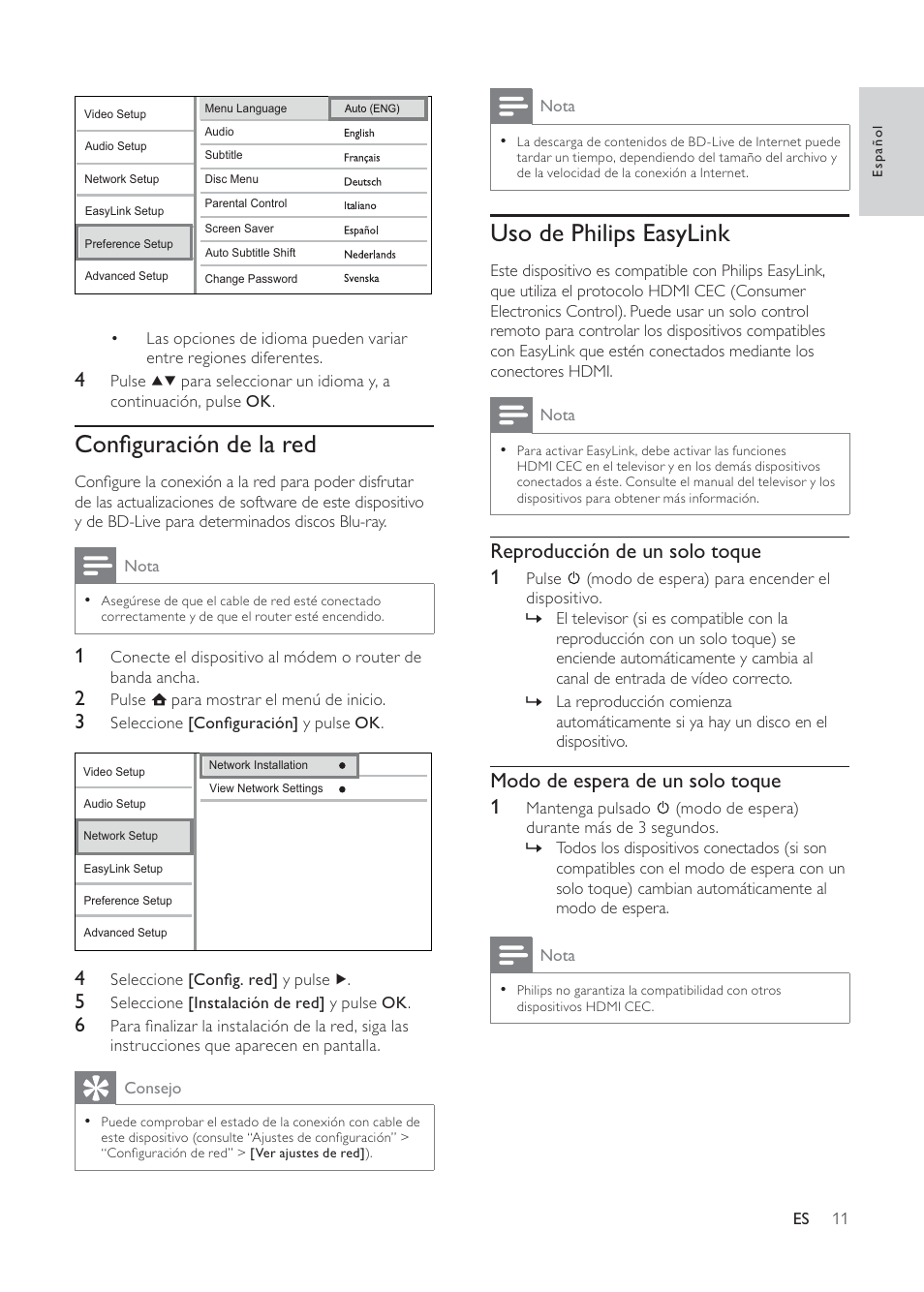 Uso de philips easylink, Conﬁguración de la red | Philips 3000 series Reproductor de Blu-ray Disc User Manual | Page 11 / 48