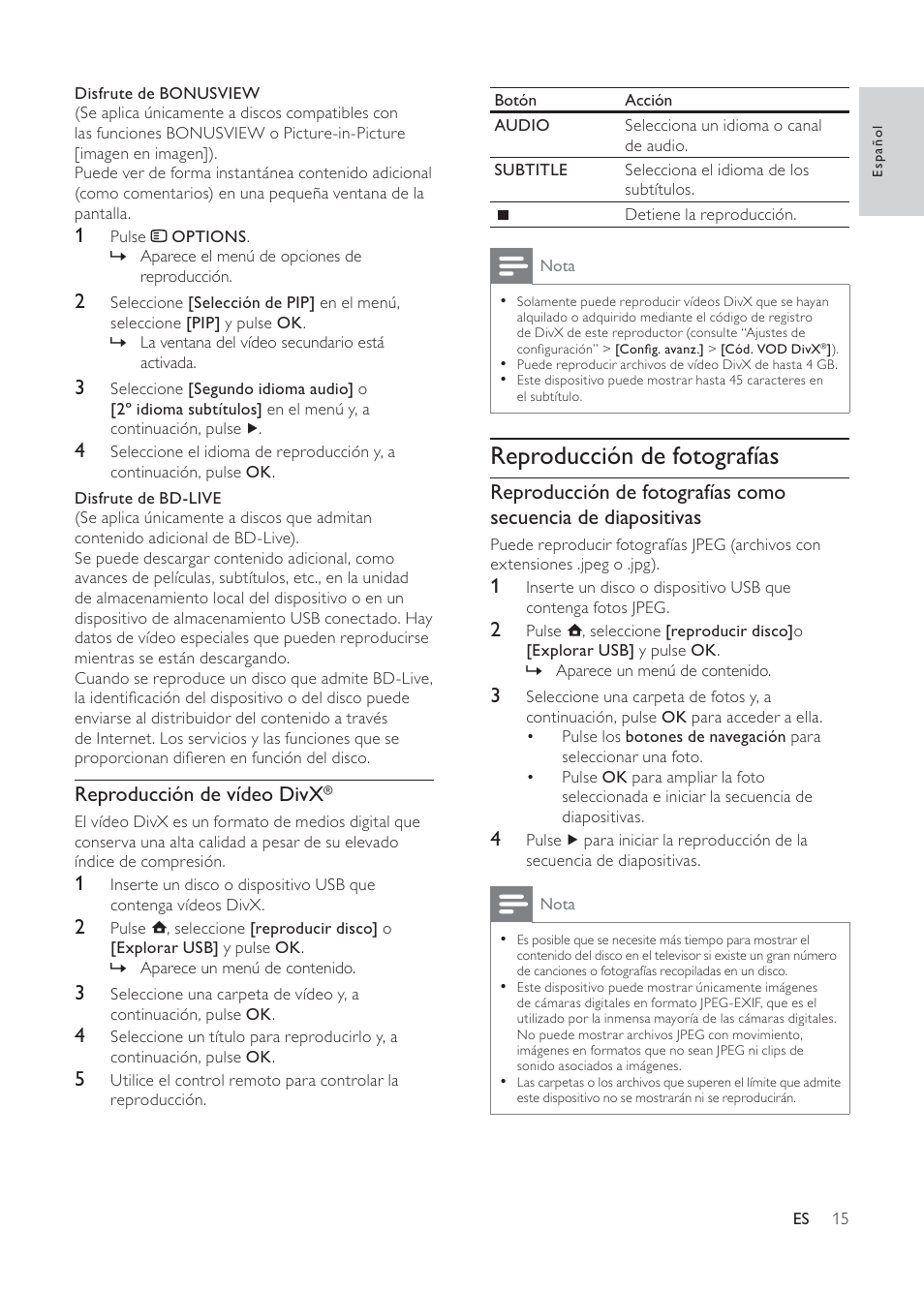 Reproducción de fotografías, Reproducción de vídeo divx | Philips 3000 series Reproductor de Blu-ray Disc User Manual | Page 15 / 48