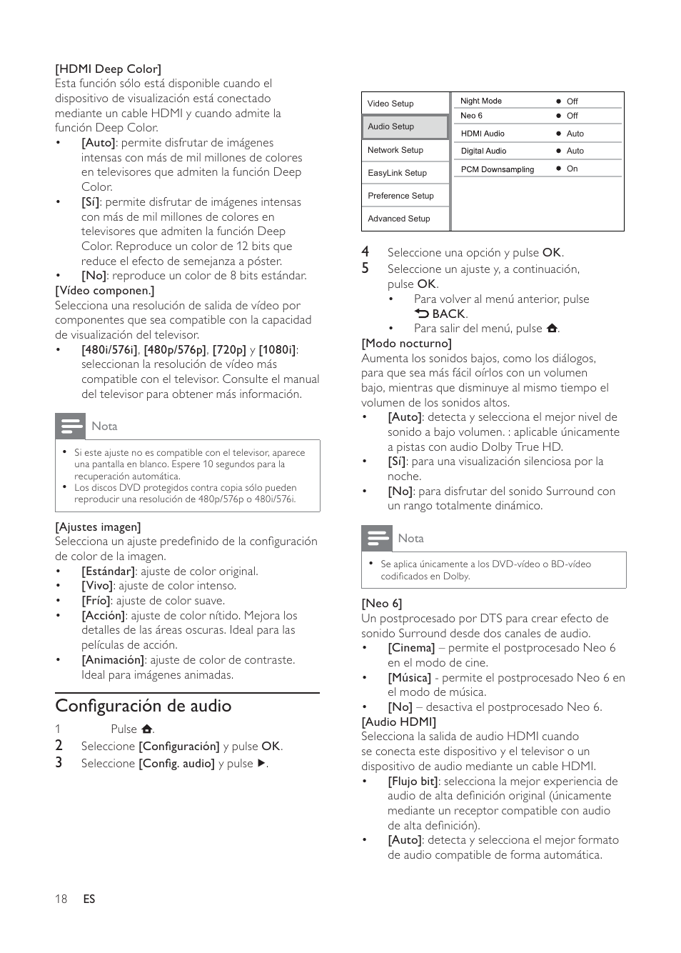 Conﬁguración de audio | Philips 3000 series Reproductor de Blu-ray Disc User Manual | Page 18 / 48