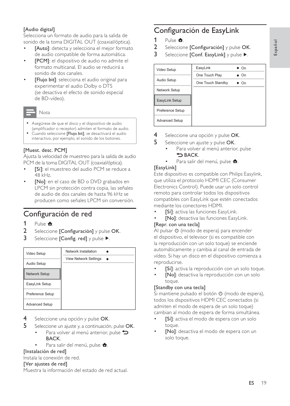 Conﬁguración de easylink, Conﬁguración de red | Philips 3000 series Reproductor de Blu-ray Disc User Manual | Page 19 / 48