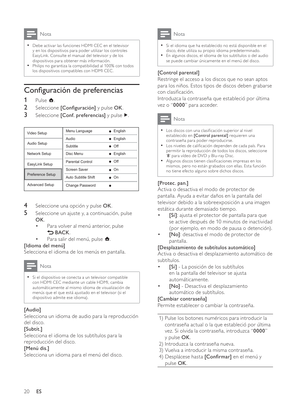 Conﬁguración de preferencias | Philips 3000 series Reproductor de Blu-ray Disc User Manual | Page 20 / 48