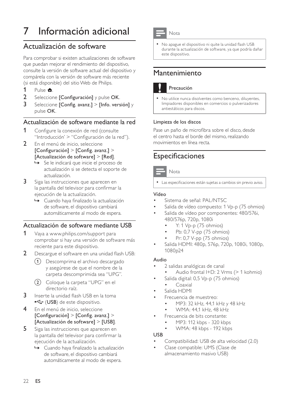 7 información adicional, Mantenimiento, Especiﬁcaciones | Actualización de software | Philips 3000 series Reproductor de Blu-ray Disc User Manual | Page 22 / 48