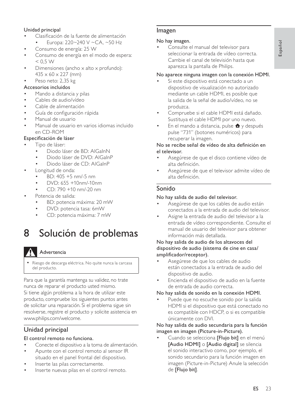 8 solución de problemas, Imagen, Sonido | Unidad principal | Philips 3000 series Reproductor de Blu-ray Disc User Manual | Page 23 / 48