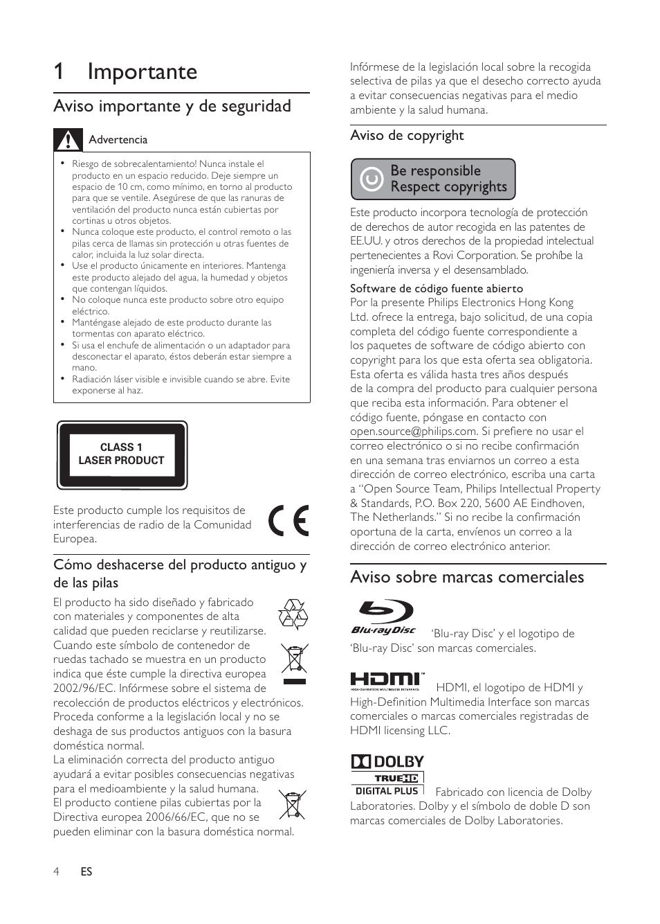 1 importante, Aviso sobre marcas comerciales, Aviso importante y de seguridad | Philips 3000 series Reproductor de Blu-ray Disc User Manual | Page 4 / 48