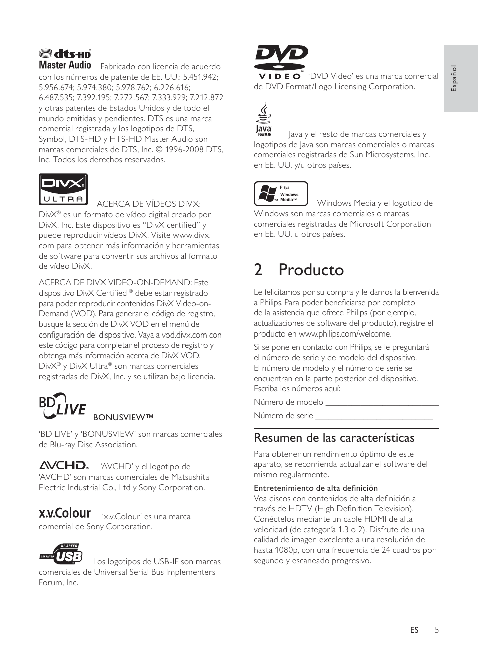 2 producto, Resumen de las características | Philips 3000 series Reproductor de Blu-ray Disc User Manual | Page 5 / 48