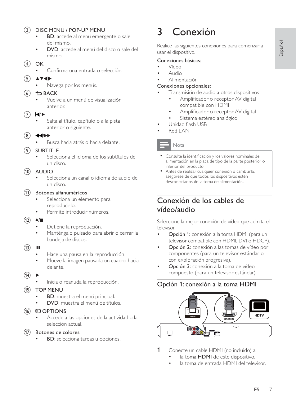 3 conexión, Conexión de los cables de vídeo/audio | Philips 3000 series Reproductor de Blu-ray Disc User Manual | Page 7 / 48