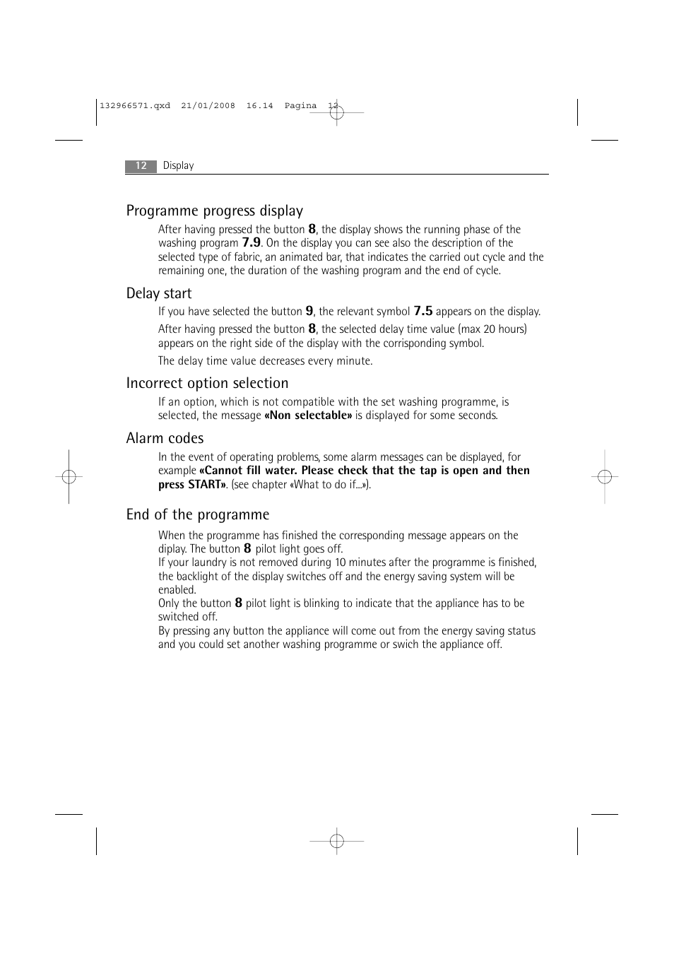 Programme progress display, Delay start, Incorrect option selection | Alarm codes, End of the programme | AEG LAVAMAT 86850 User Manual | Page 12 / 52