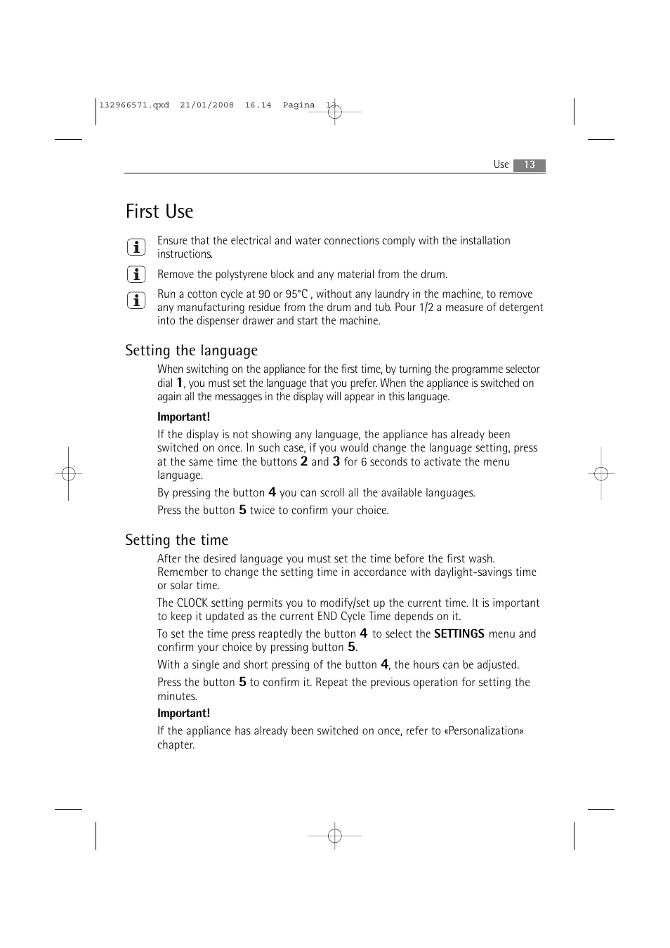 First use, Setting the language, Setting the time | AEG LAVAMAT 86850 User Manual | Page 13 / 52
