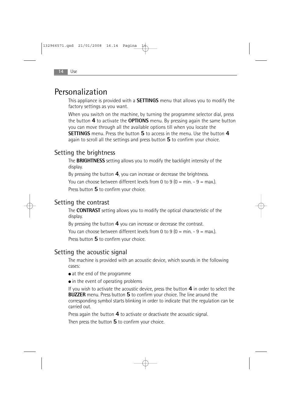 Personalization, Setting the brightness, Setting the contrast | Setting the acoustic signal | AEG LAVAMAT 86850 User Manual | Page 14 / 52