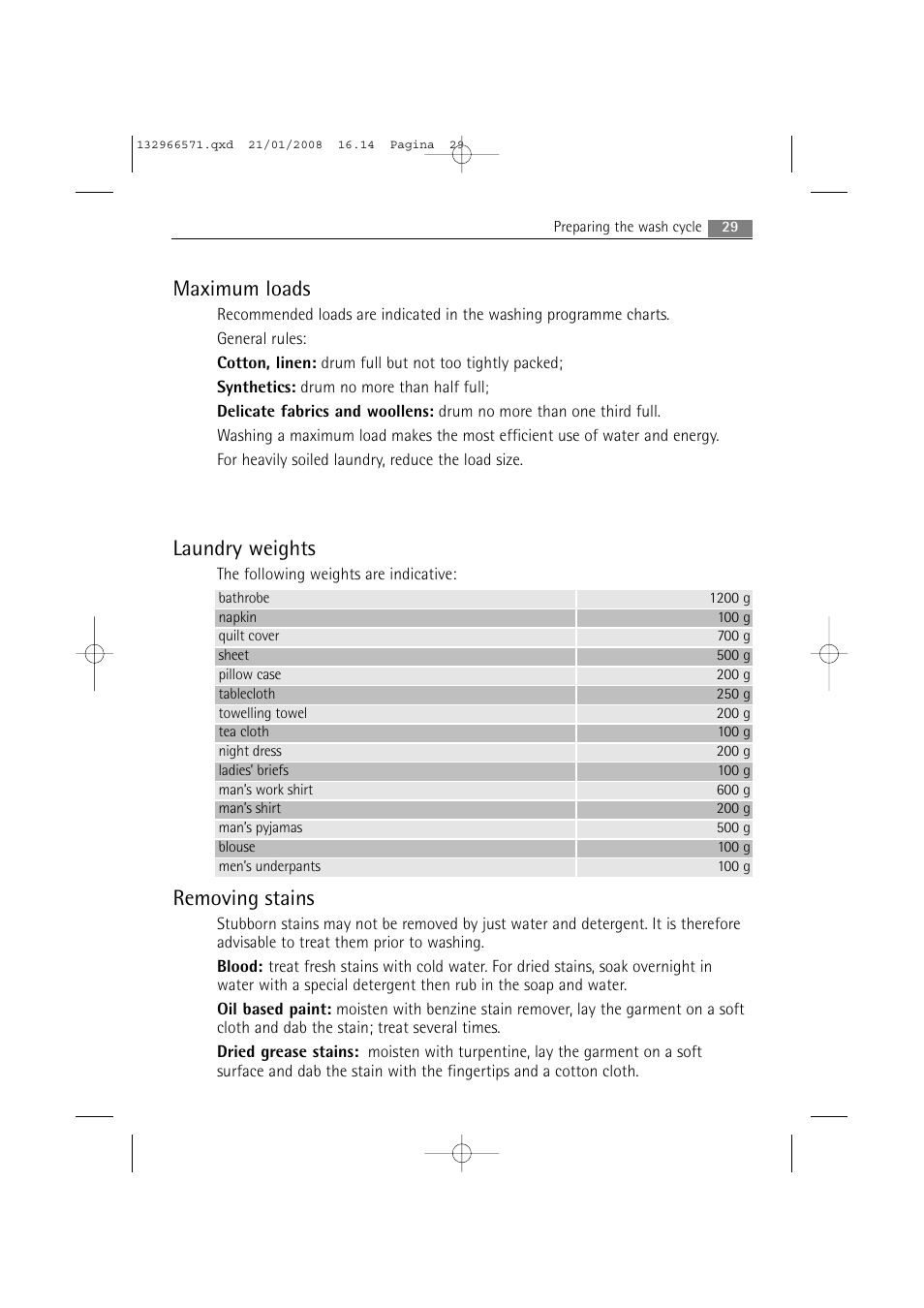 Maximum loads, Laundry weights, Removing stains | AEG LAVAMAT 86850 User Manual | Page 29 / 52