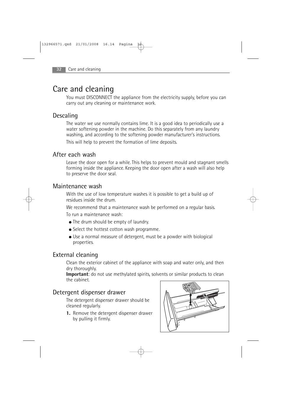 Care and cleaning, Descaling, After each wash | Maintenance wash, External cleaning, Detergent dispenser drawer | AEG LAVAMAT 86850 User Manual | Page 32 / 52