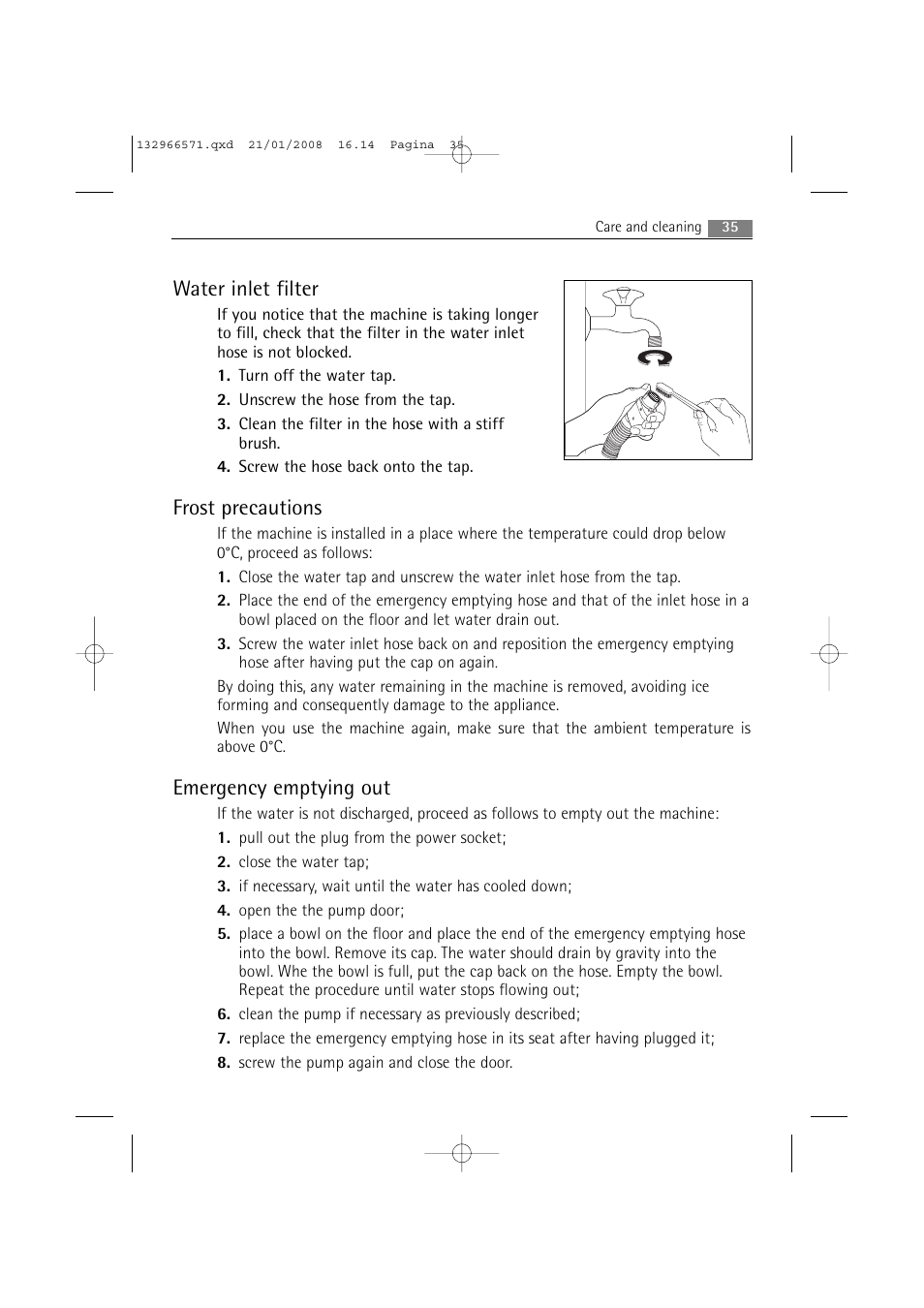 Water inlet filter, Frost precautions, Emergency emptying out | AEG LAVAMAT 86850 User Manual | Page 35 / 52