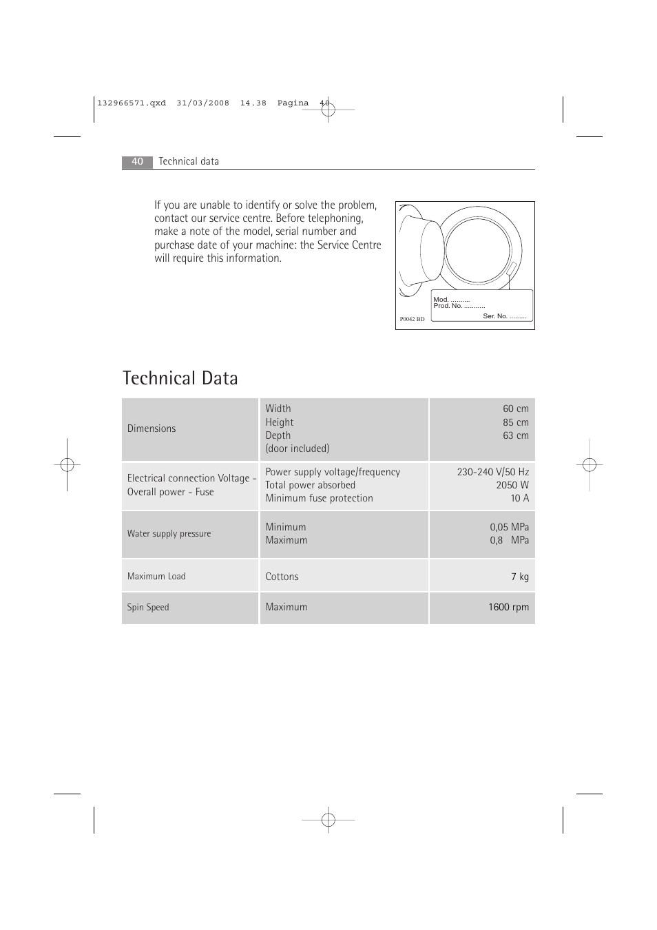 Technical data | AEG LAVAMAT 86850 User Manual | Page 40 / 52