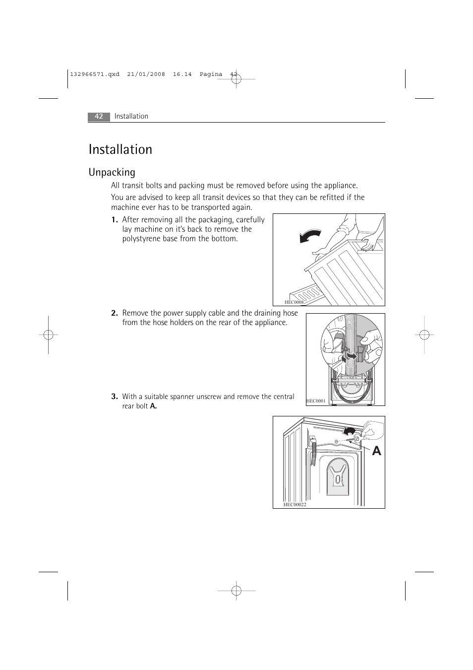 Installation, Unpacking | AEG LAVAMAT 86850 User Manual | Page 42 / 52