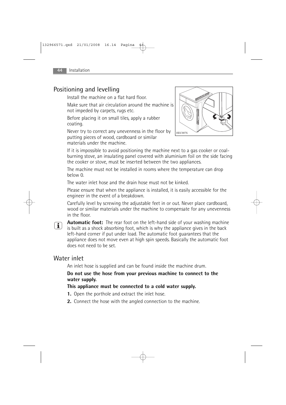 Positioning and levelling, Water inlet | AEG LAVAMAT 86850 User Manual | Page 44 / 52