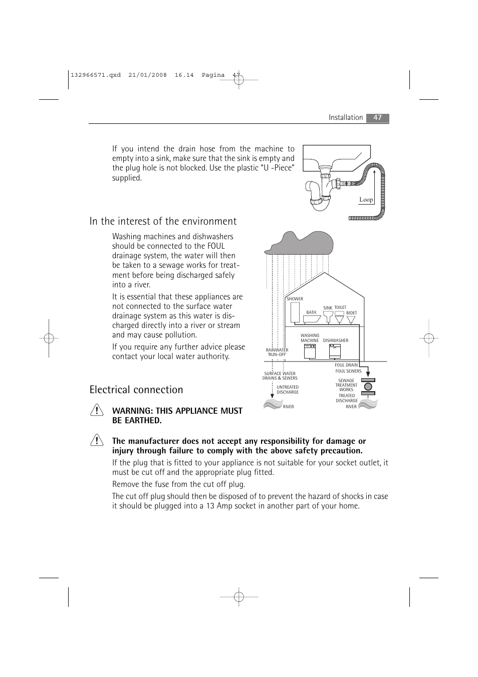 Electrical connection, 47 installation | AEG LAVAMAT 86850 User Manual | Page 47 / 52