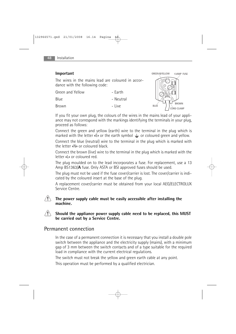 Permanent connection | AEG LAVAMAT 86850 User Manual | Page 48 / 52