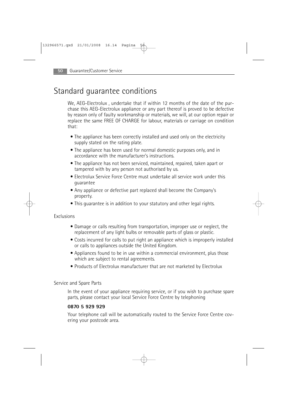 Standard guarantee conditions | AEG LAVAMAT 86850 User Manual | Page 50 / 52