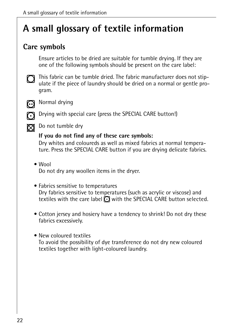 A small glossary of textile information, Care symbols | AEG LAVATHERM T300 User Manual | Page 22 / 32