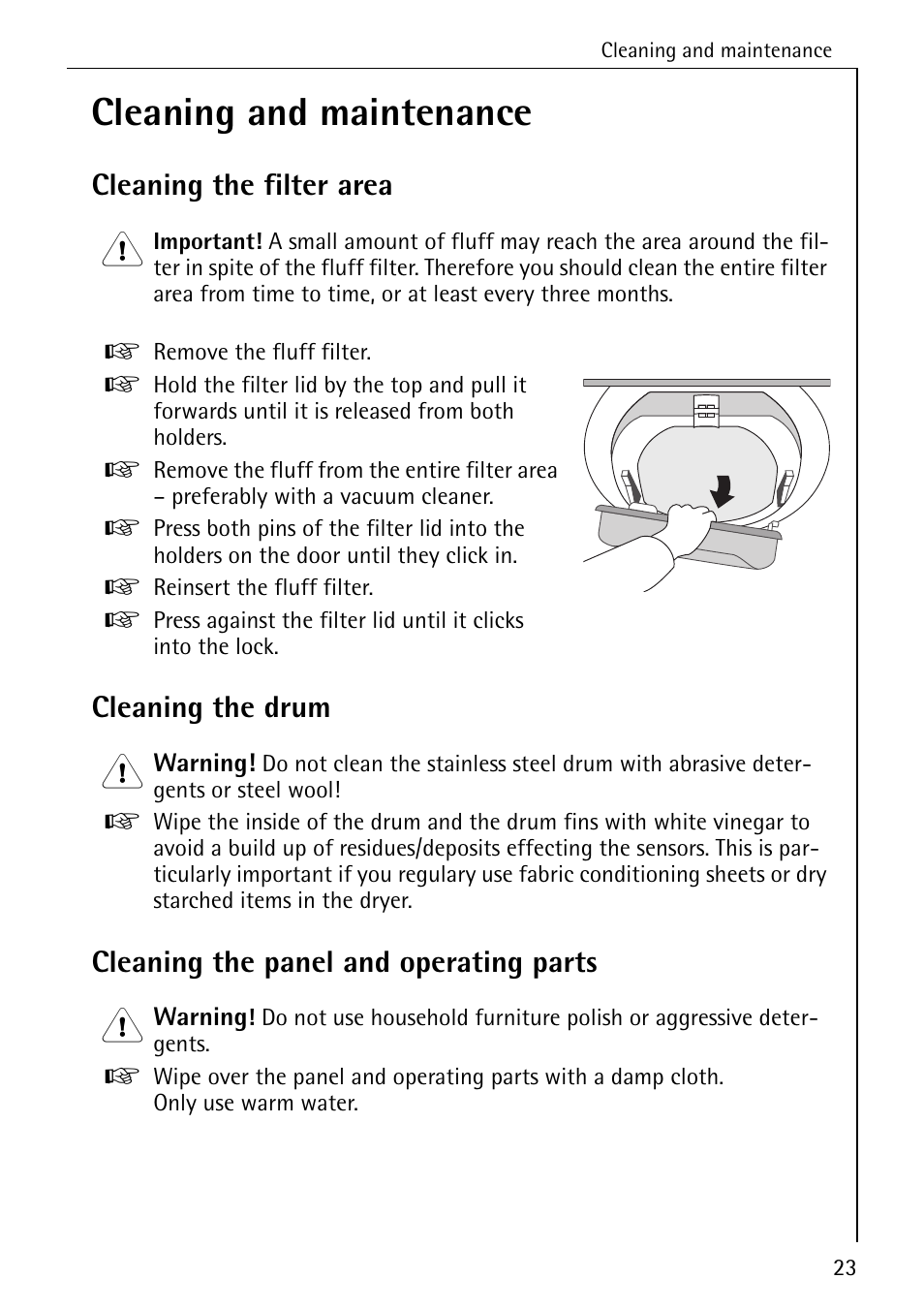 Cleaning and maintenance, Cleaning the filter area, Cleaning the drum | Cleaning the panel and operating parts | AEG LAVATHERM T300 User Manual | Page 23 / 32