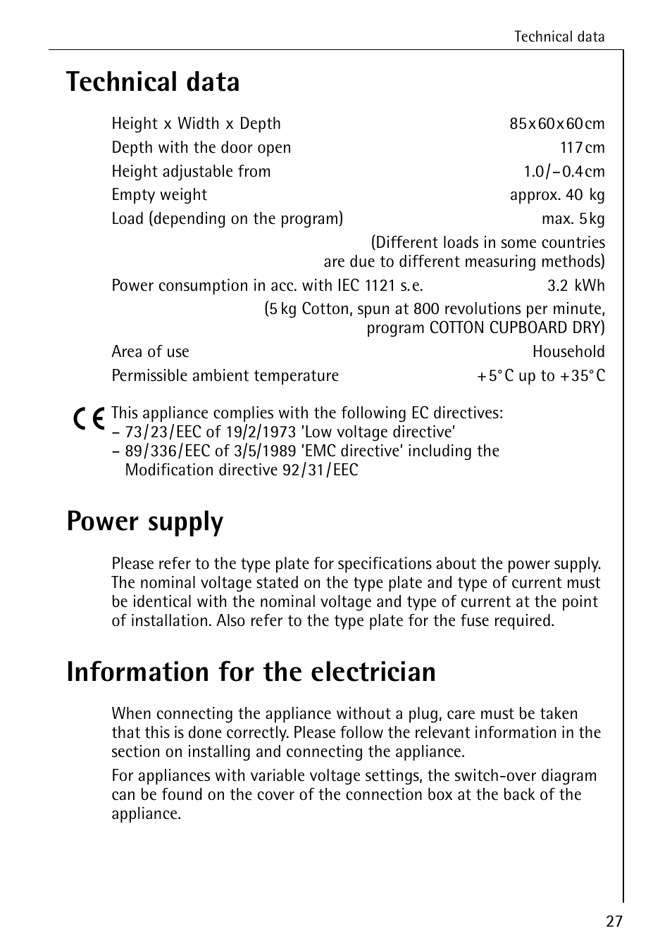 Technical data, Power supply, Information for the electrician | AEG LAVATHERM T300 User Manual | Page 27 / 32