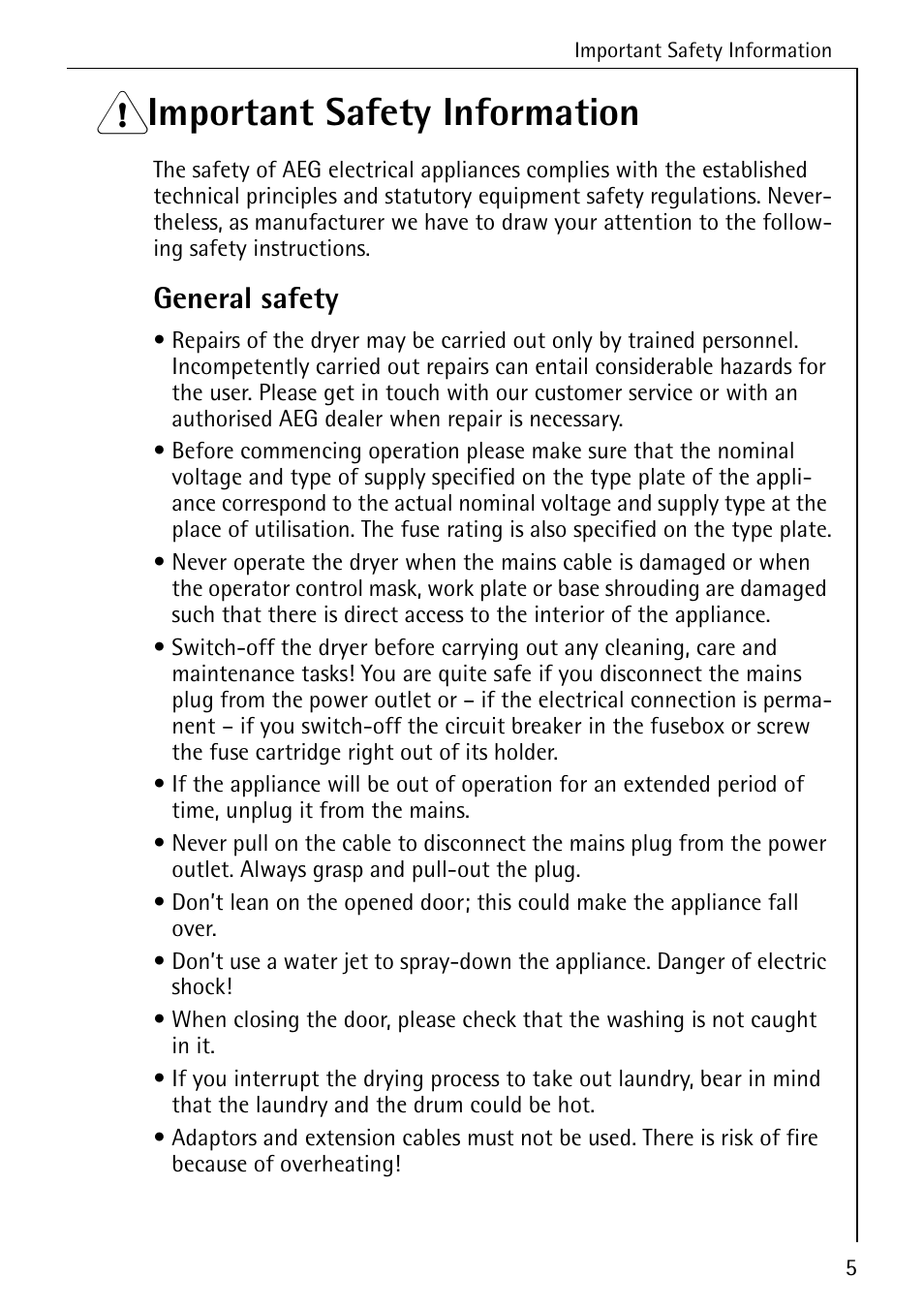 1 important safety information, General safety | AEG LAVATHERM T300 User Manual | Page 5 / 32