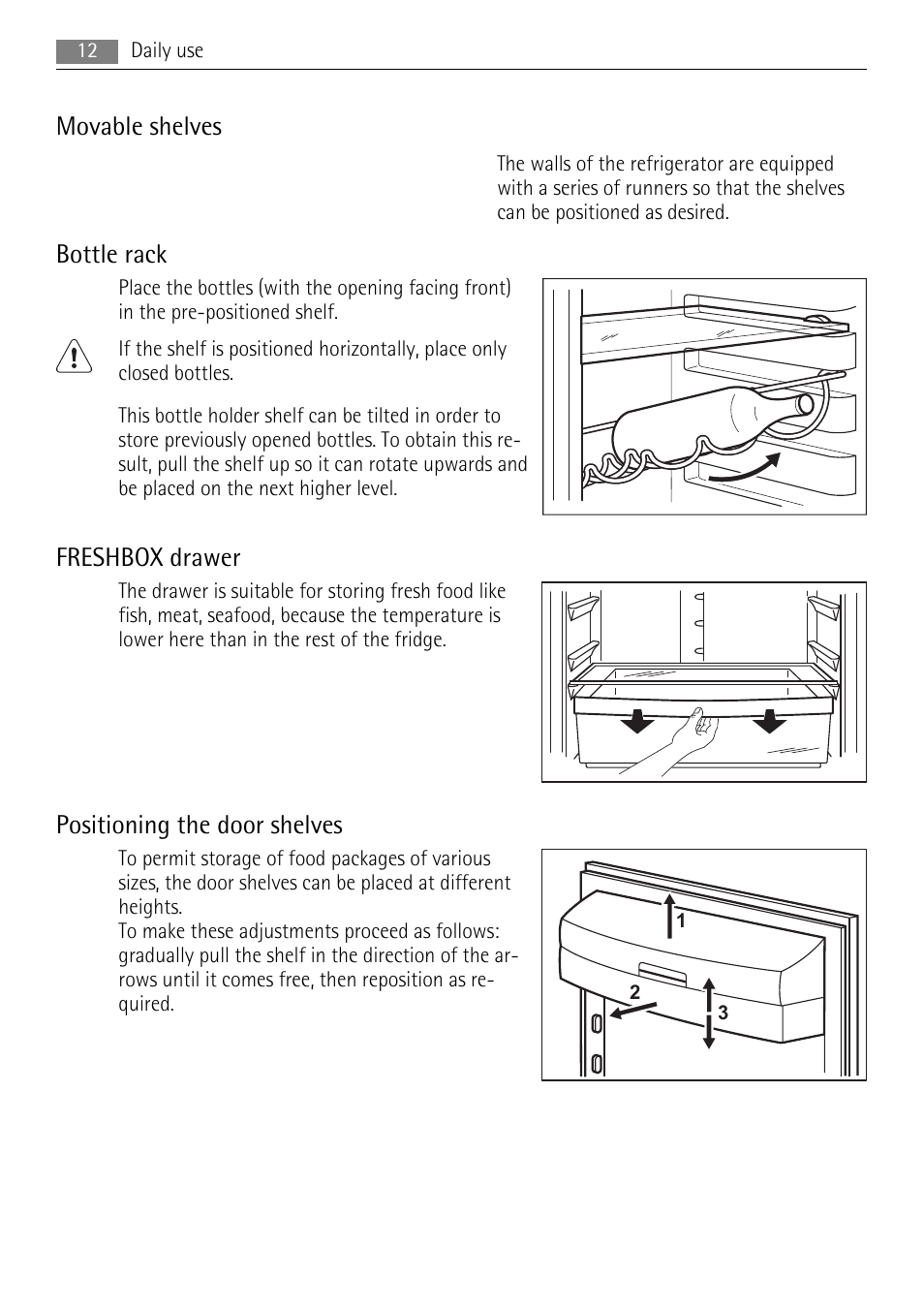 Movable shelves, Bottle rack, Freshbox drawer | Positioning the door shelves | AEG S83600CSM1 User Manual | Page 12 / 28