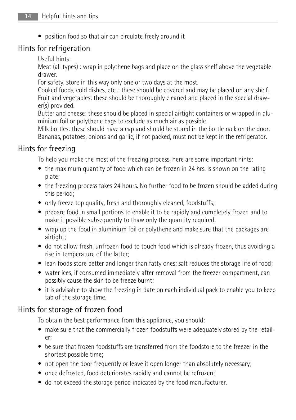 Hints for refrigeration, Hints for freezing, Hints for storage of frozen food | AEG S83600CSM1 User Manual | Page 14 / 28