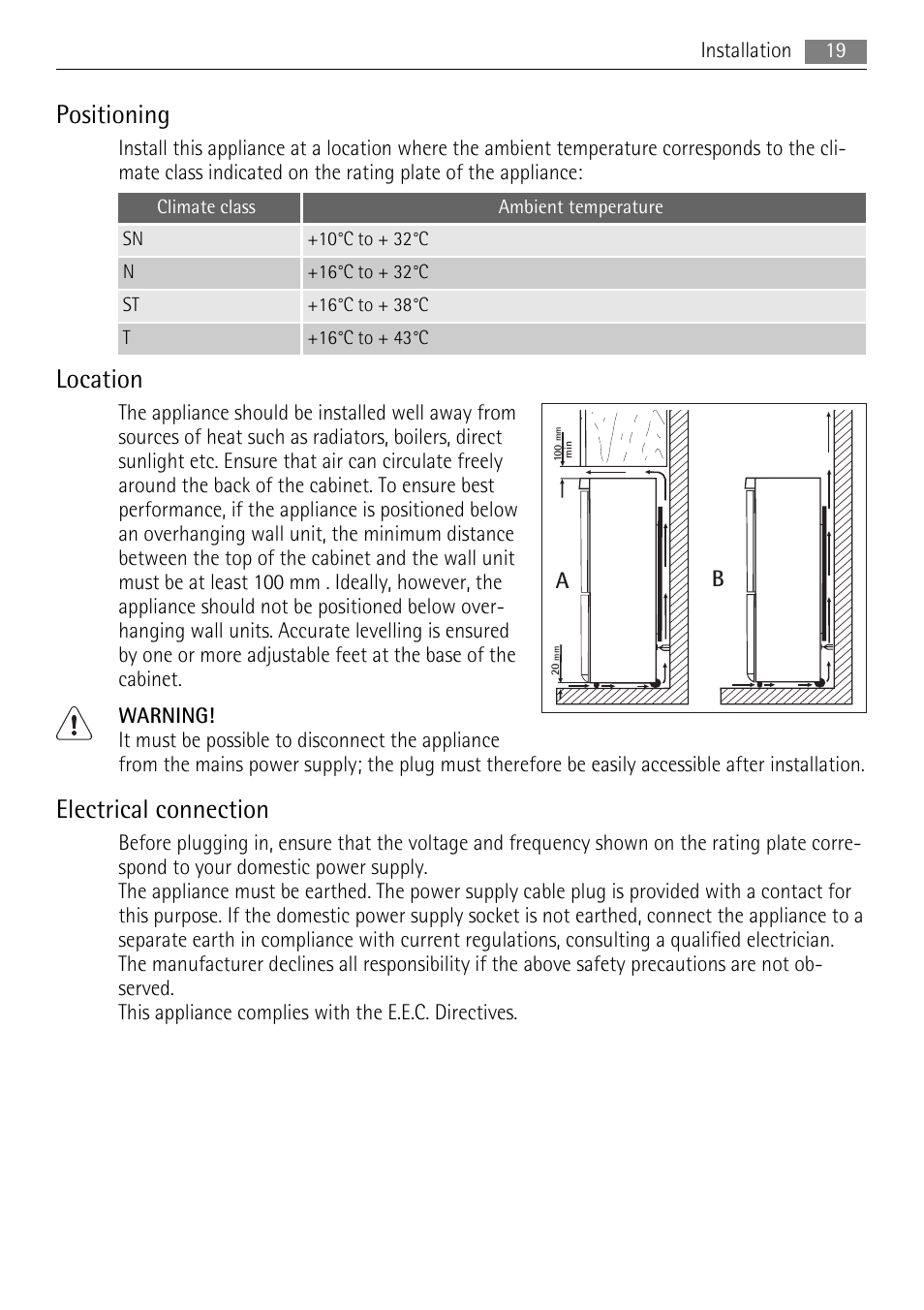 Positioning, Location, Electrical connection | AEG S83600CSM1 User Manual | Page 19 / 28