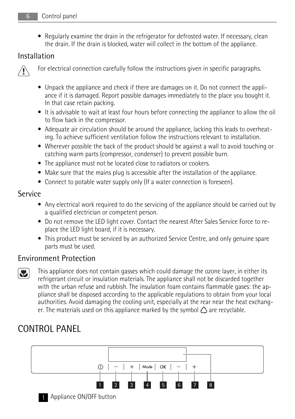 Control panel, Installation, Service | Environment protection | AEG S83600CSM1 User Manual | Page 6 / 28