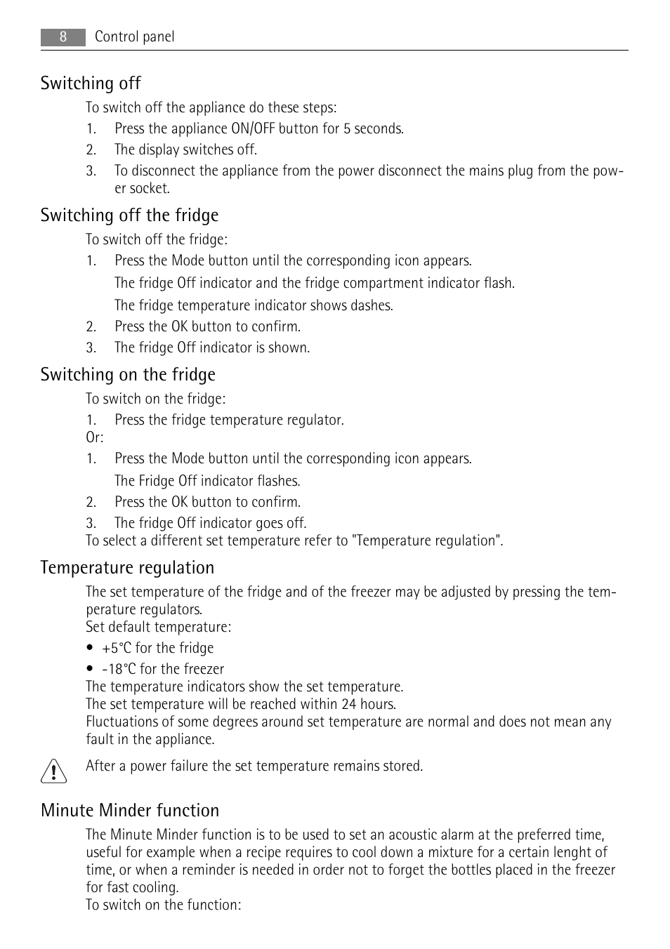 Switching off, Switching off the fridge, Switching on the fridge | Temperature regulation, Minute minder function | AEG S83600CSM1 User Manual | Page 8 / 28