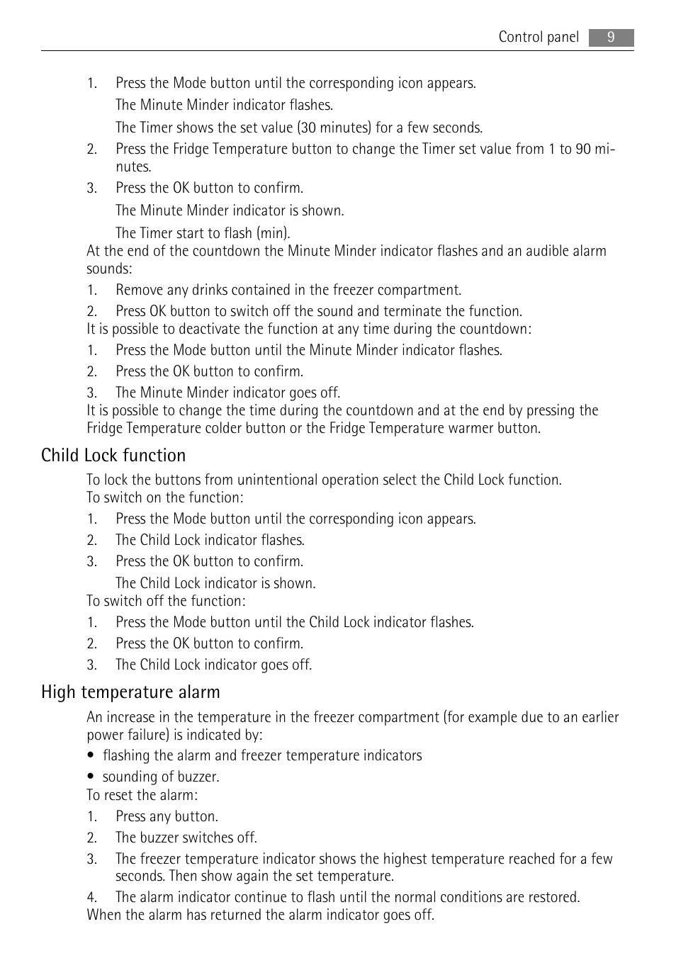 Child lock function, High temperature alarm | AEG S83600CSM1 User Manual | Page 9 / 28