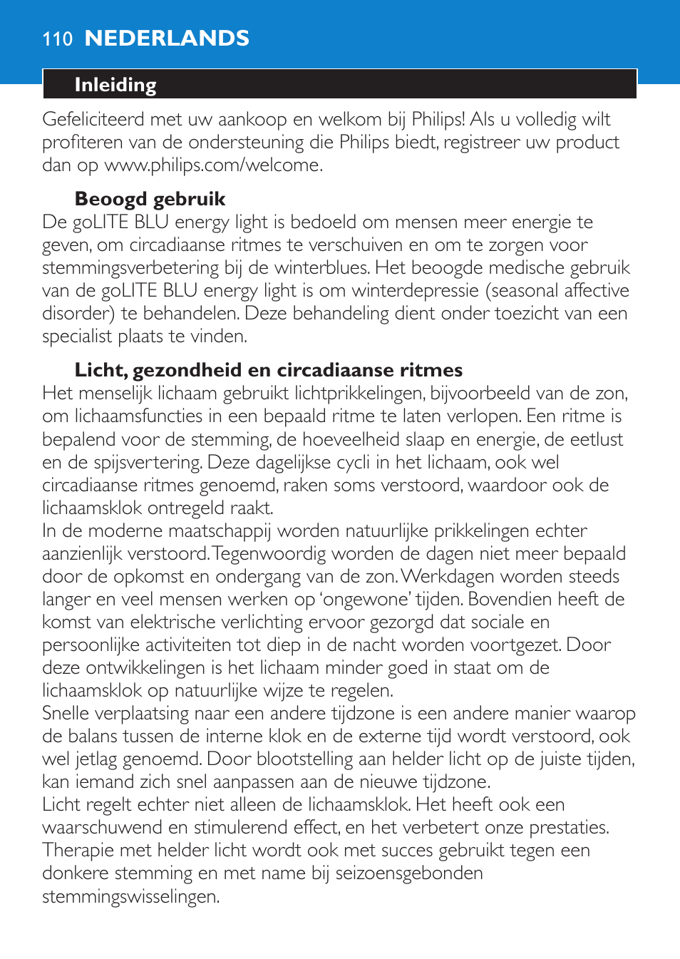 Nederlands, Nederlands 11 | Philips goLITE BLU luz de energía User Manual | Page 110 / 136