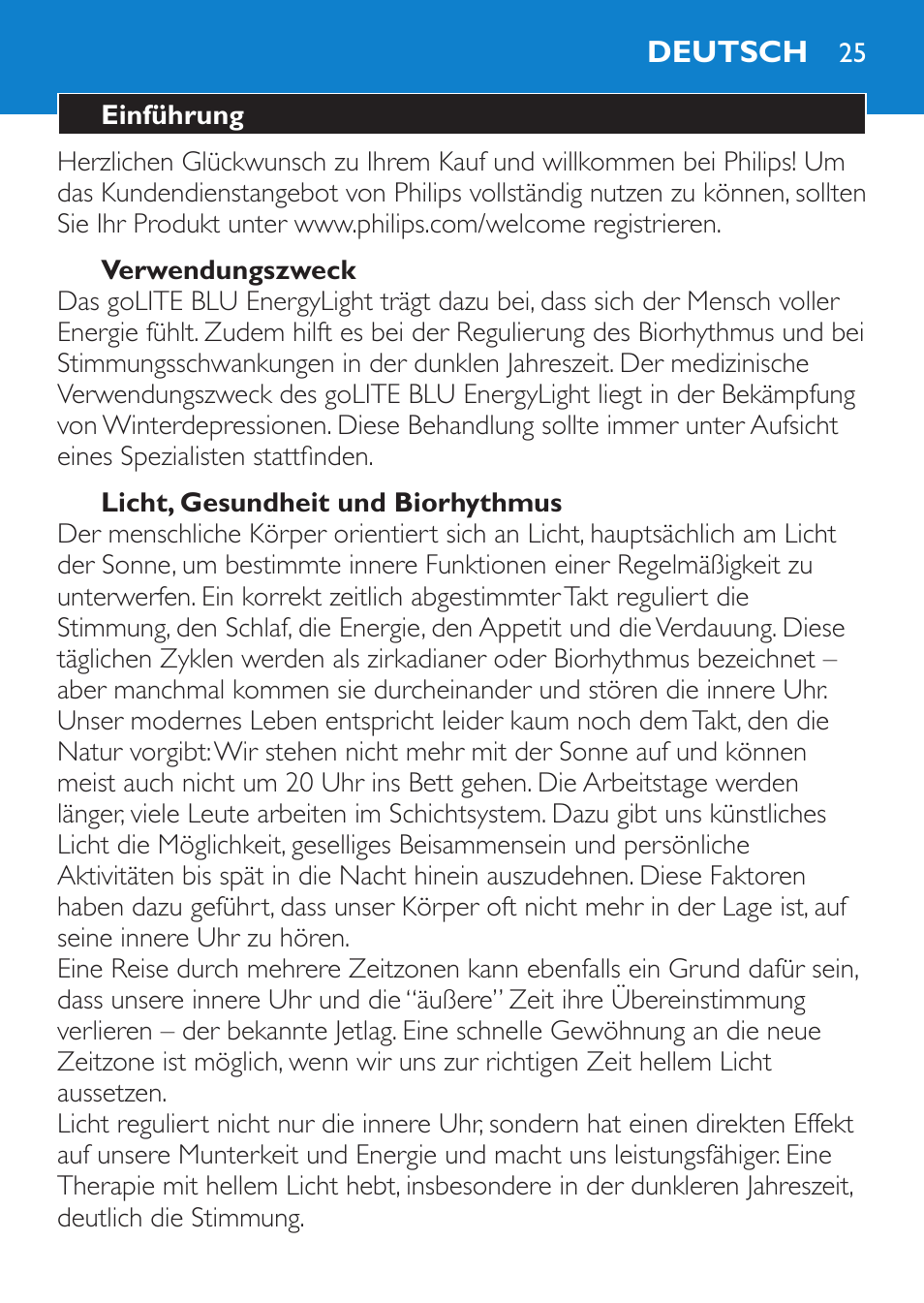 Deutsch, Deutsch 25 | Philips goLITE BLU luz de energía User Manual | Page 25 / 136