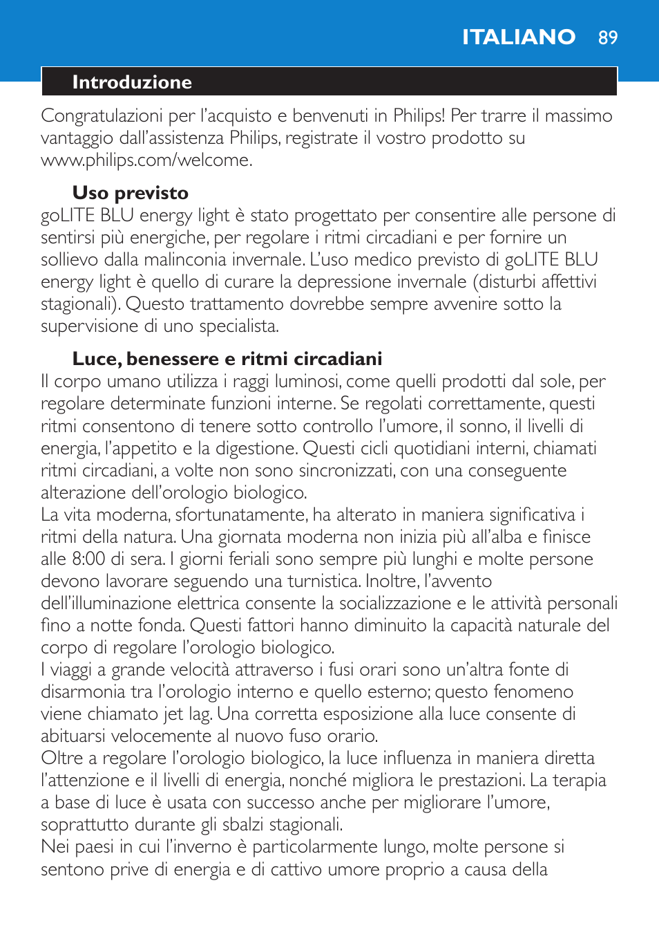 Italiano | Philips goLITE BLU luz de energía User Manual | Page 89 / 136