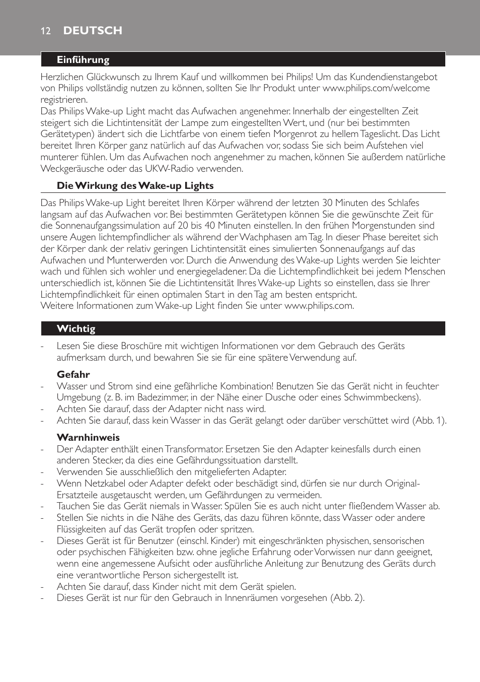 Deutsch, Deutsch 12 | Philips Wake-up Light User Manual | Page 12 / 48