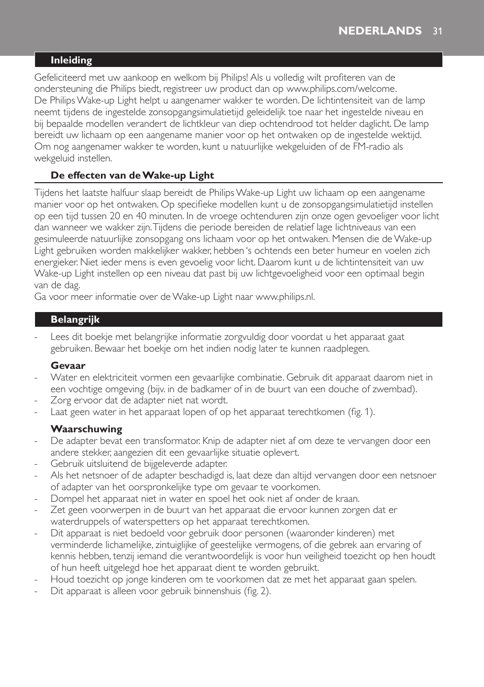 Nederlands, Nederlands 31 | Philips Wake-up Light User Manual | Page 31 / 48