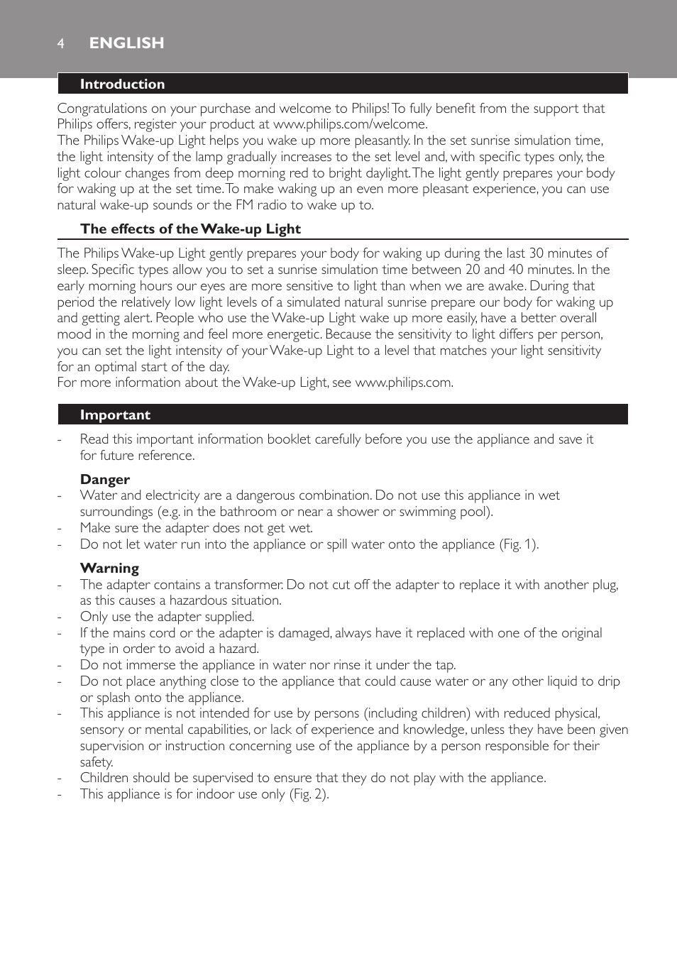 English | Philips Wake-up Light User Manual | Page 4 / 48