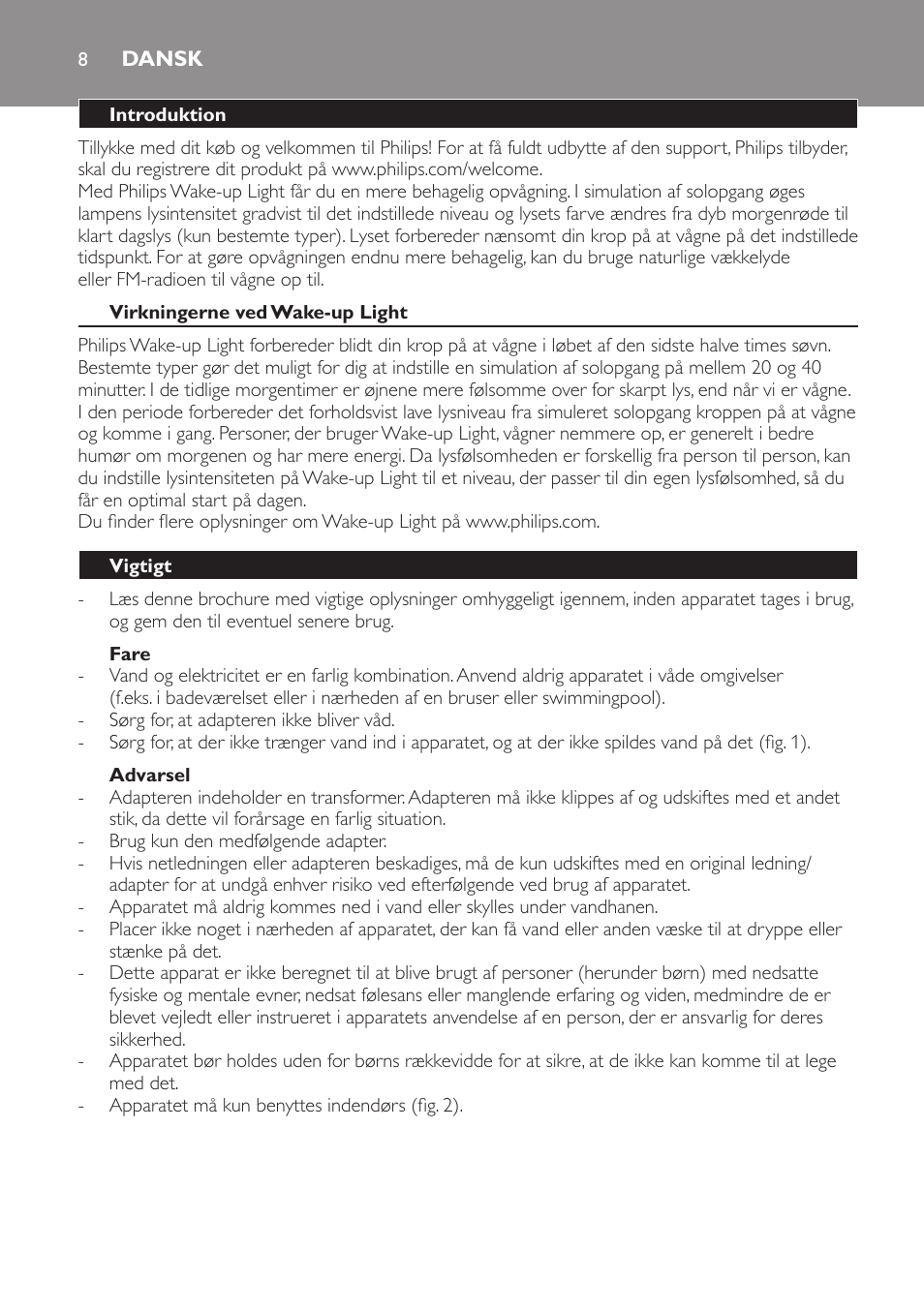 Dansk | Philips Wake-up Light User Manual | Page 8 / 48