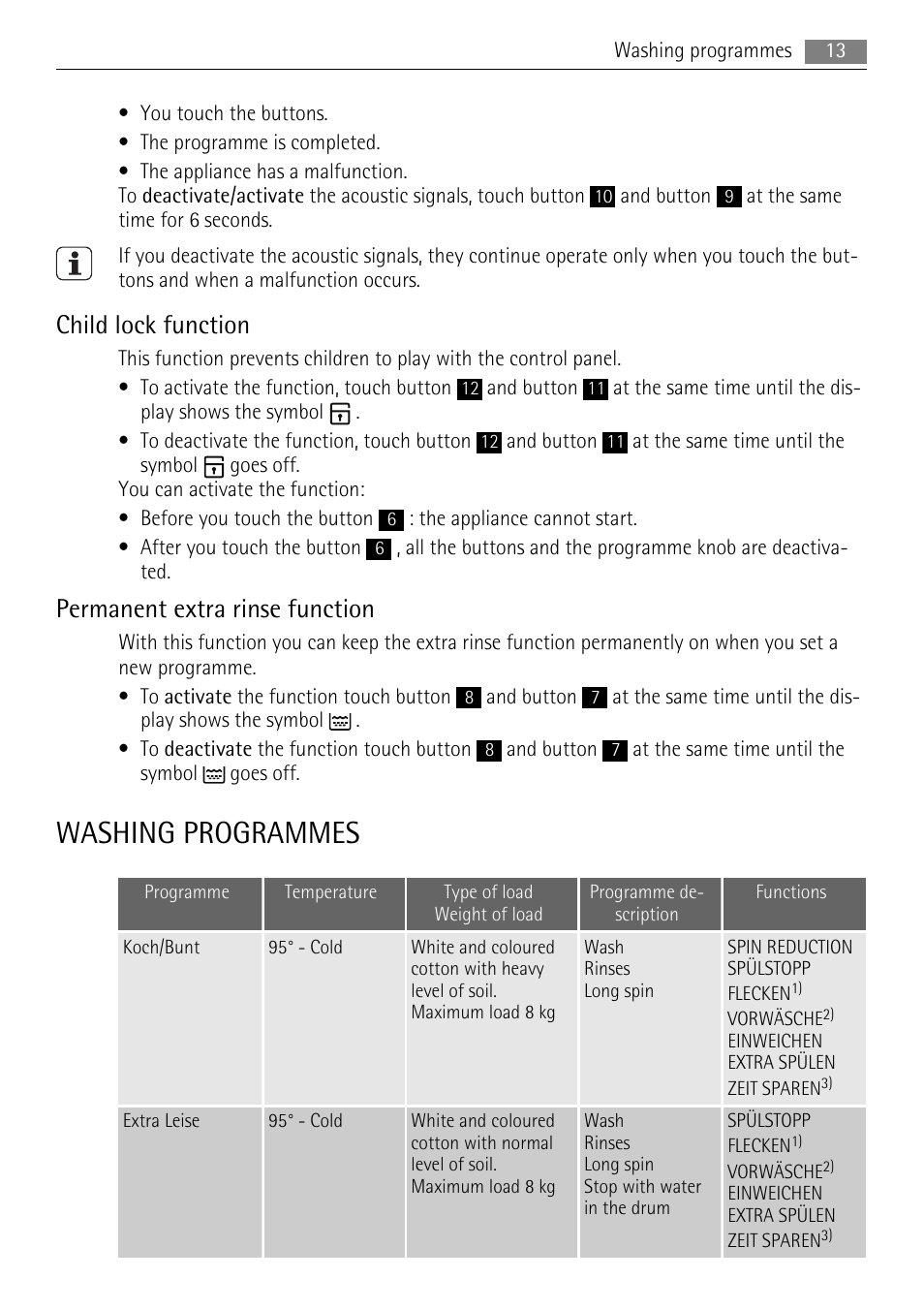 Washing programmes, Child lock function, Permanent extra rinse function | AEG L 96485 FL User Manual | Page 13 / 40