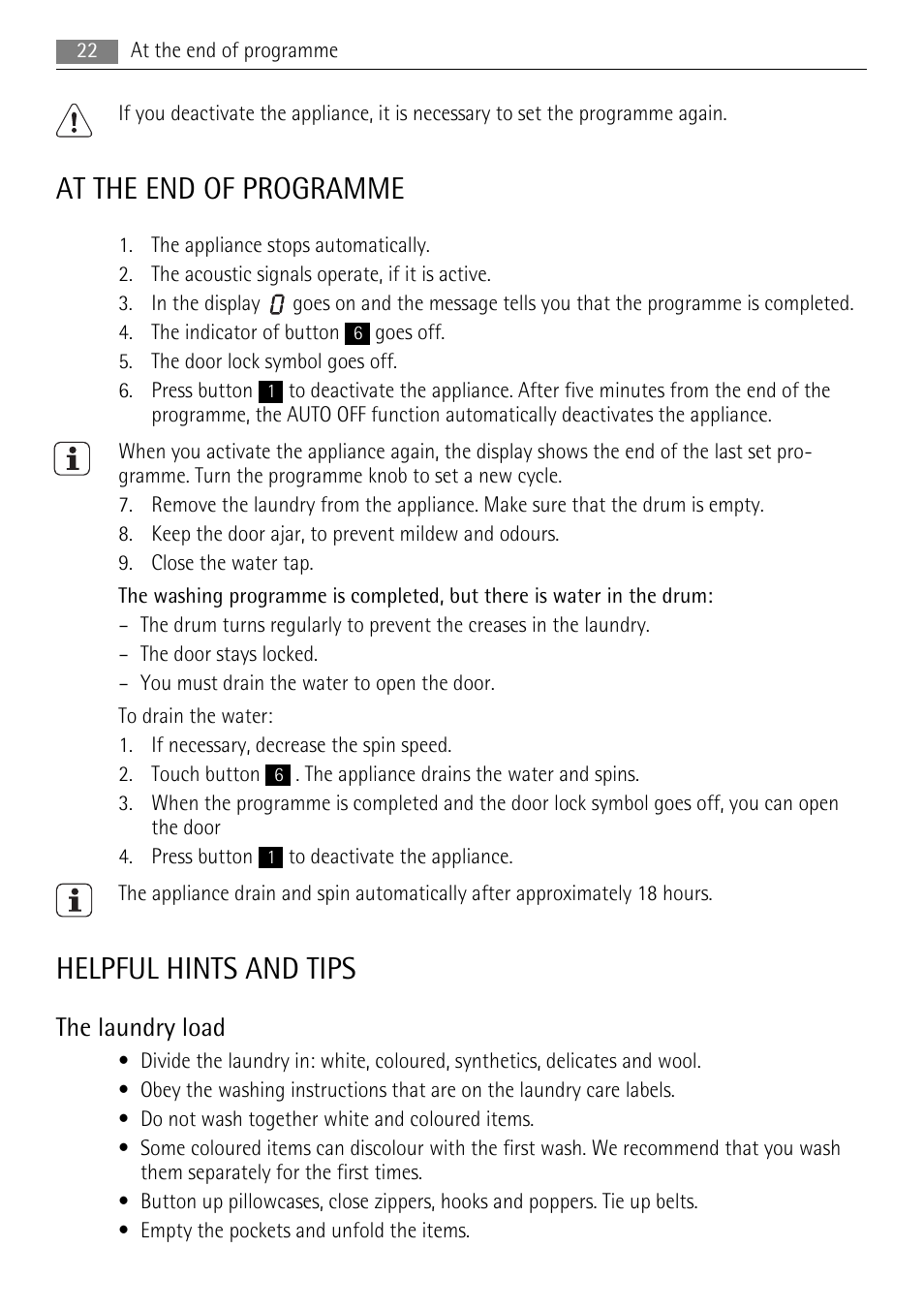 At the end of programme, Helpful hints and tips, The laundry load | AEG L 96485 FL User Manual | Page 22 / 40