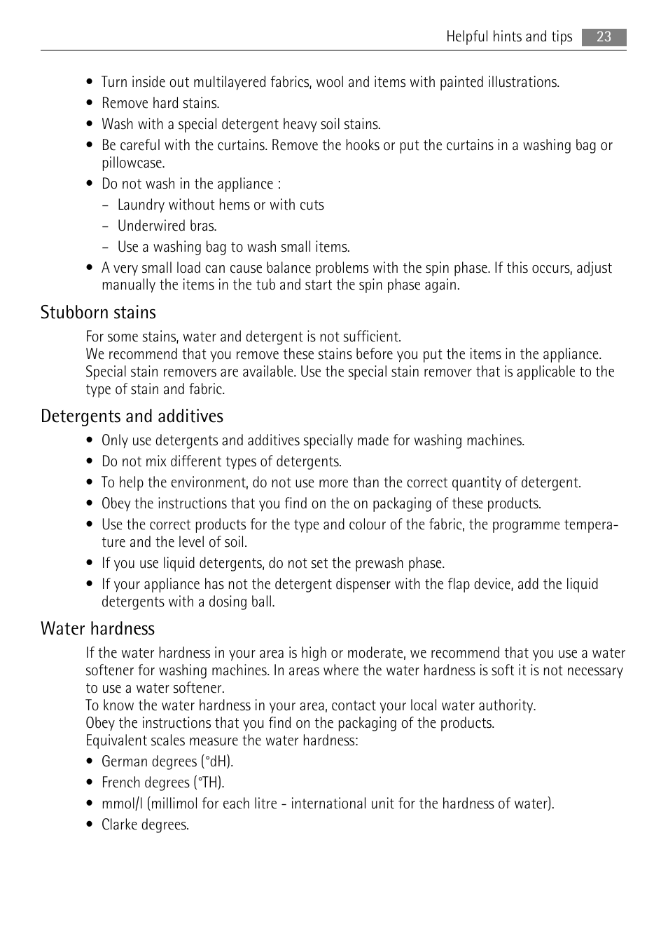 Stubborn stains, Detergents and additives, Water hardness | AEG L 96485 FL User Manual | Page 23 / 40