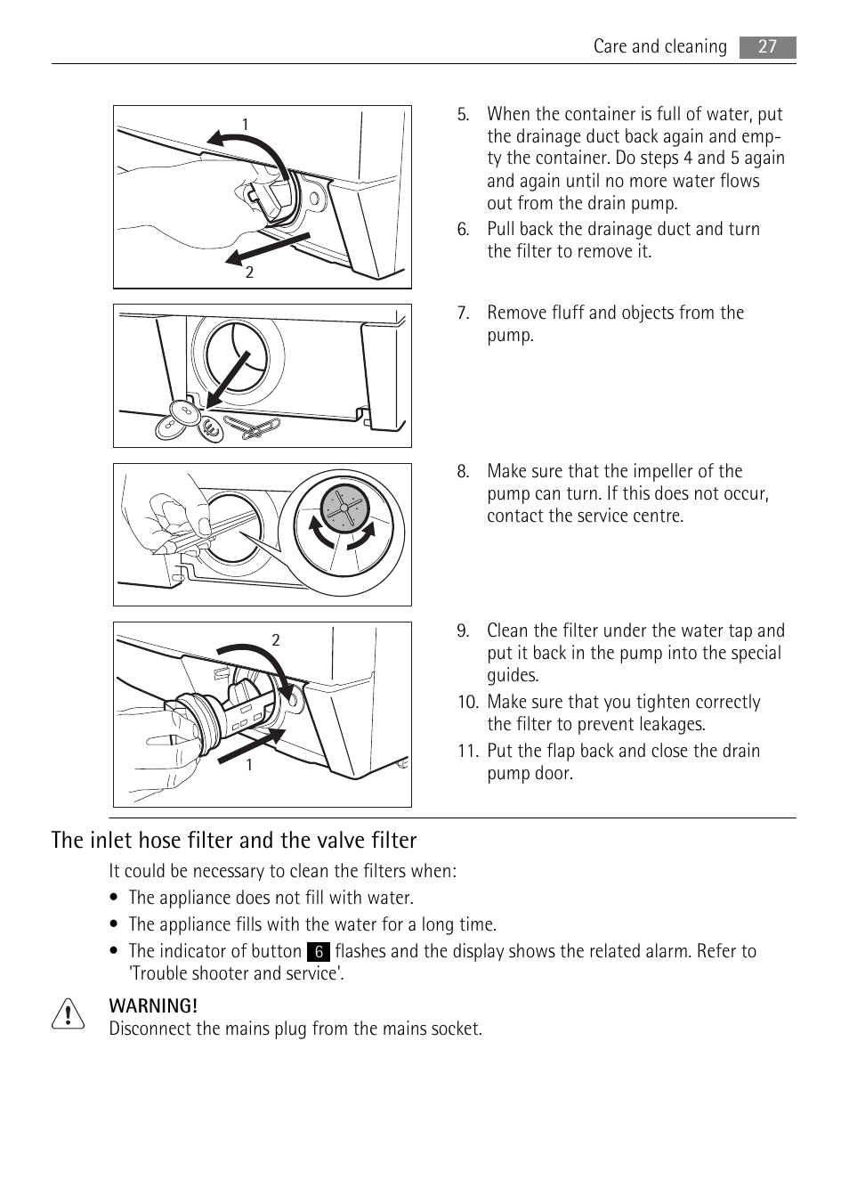 The inlet hose filter and the valve filter | AEG L 96485 FL User Manual | Page 27 / 40