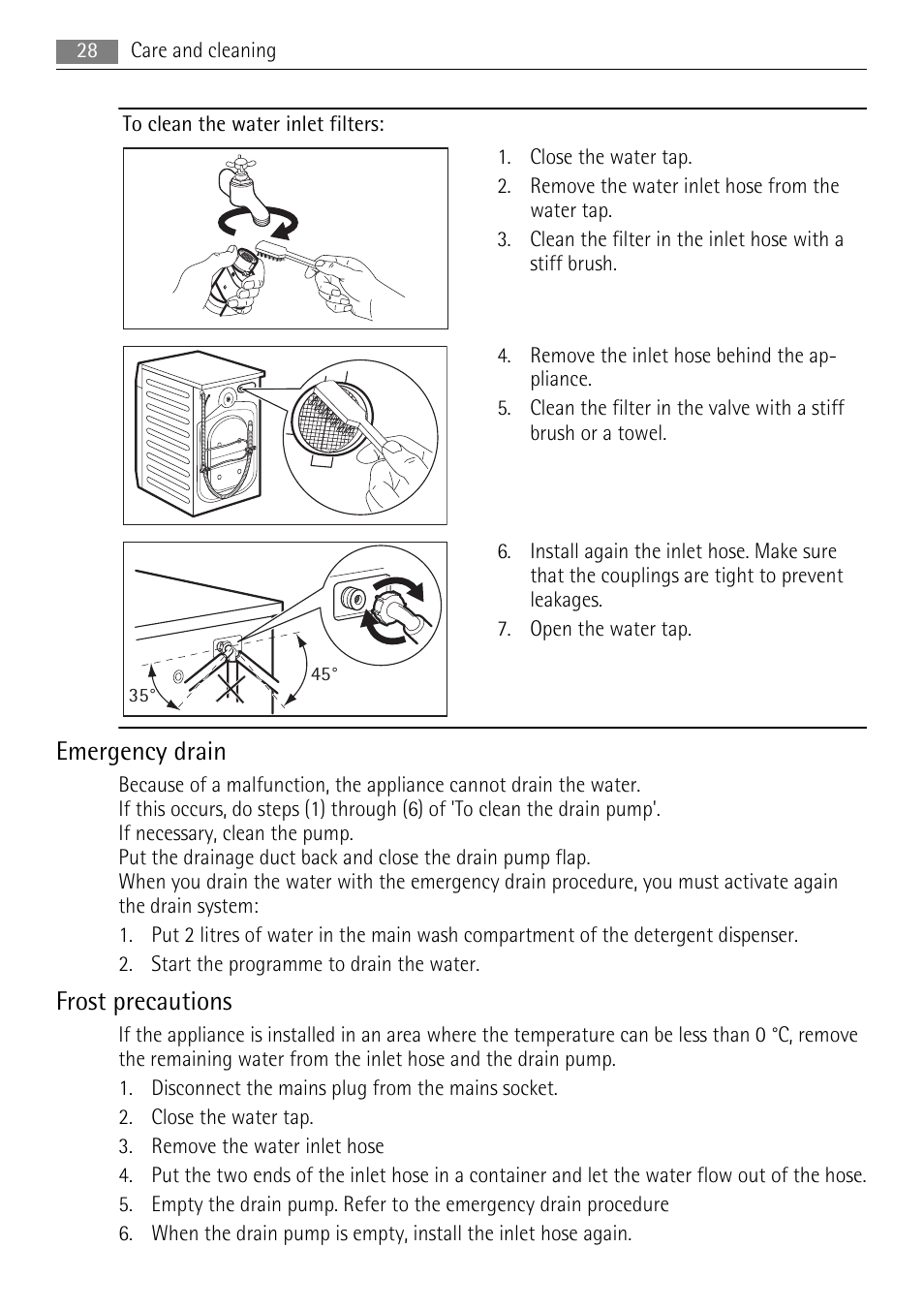 Emergency drain, Frost precautions | AEG L 96485 FL User Manual | Page 28 / 40