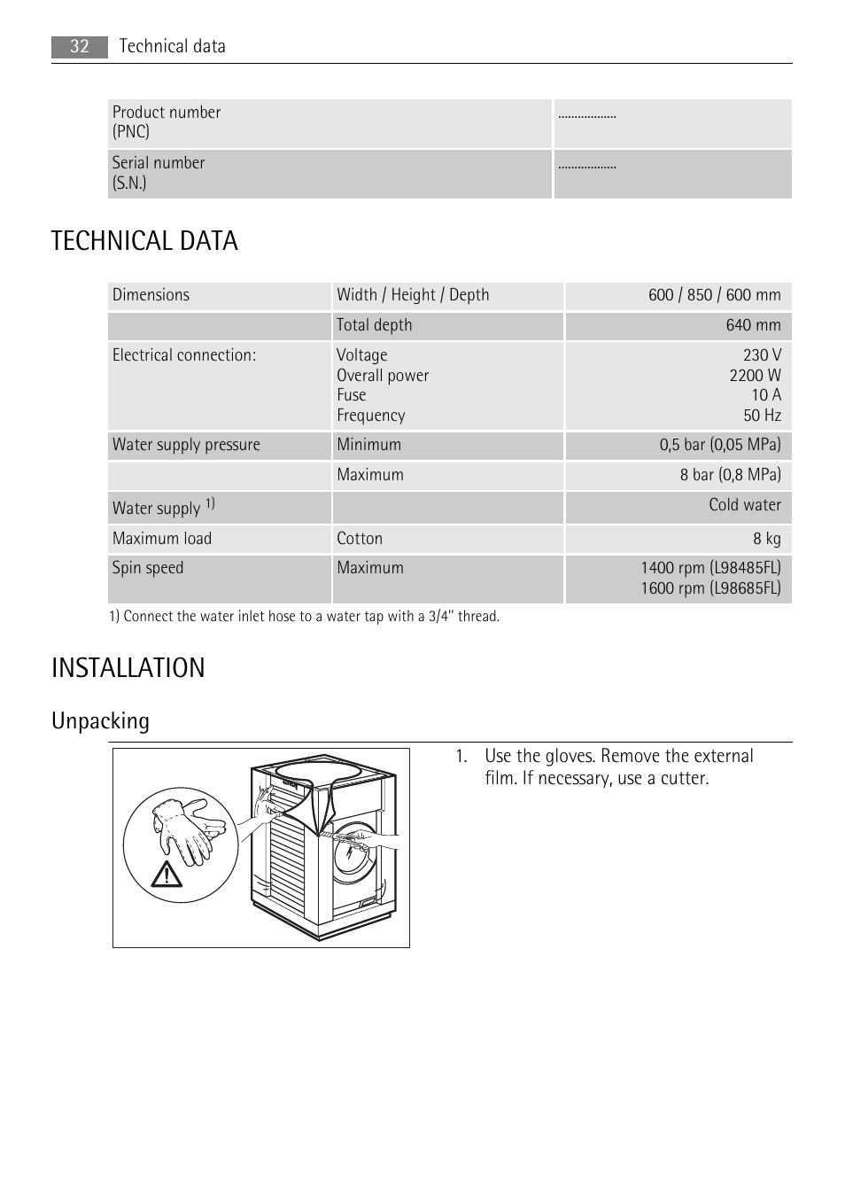 Technical data, Installation, Unpacking | AEG L 96485 FL User Manual | Page 32 / 40