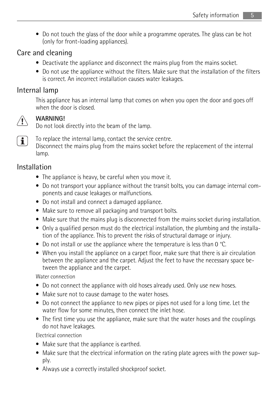 Care and cleaning, Internal lamp, Installation | AEG L 96485 FL User Manual | Page 5 / 40