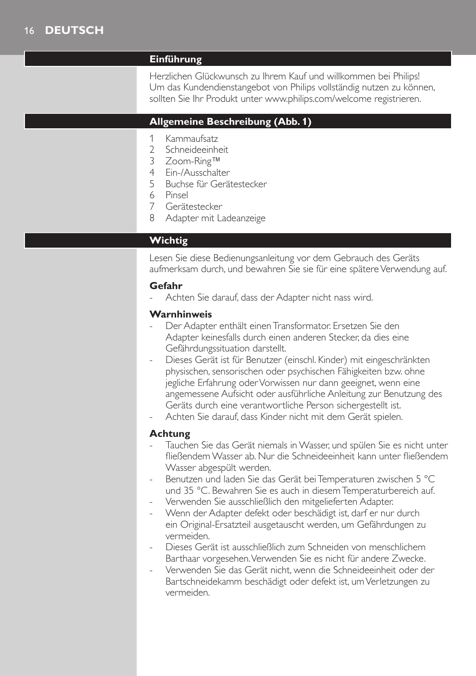 Deutsch, Deutsch 1 | Philips BEARDTRIMMER Series 3000 barbero para barba y barba de 2 días User Manual | Page 16 / 88
